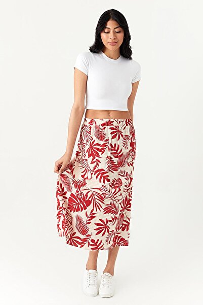 Select Moda Kadın Kırmızı Desenli Midi Etek