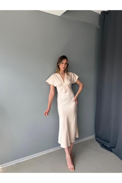 AlisaSu Women's Beige V-Neck Satin Midi Dress