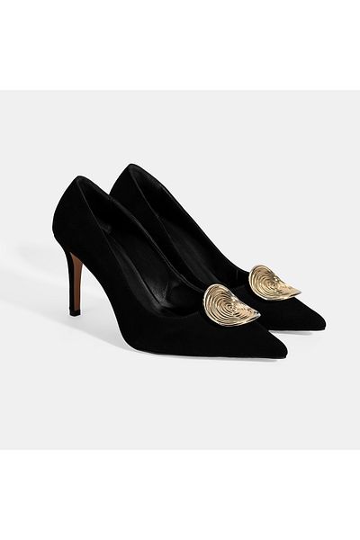 Desa Women's Black Gold Buckle Detailed Suede Heeled Shoes