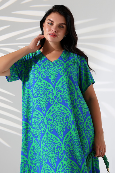 LİKAPA Summer Plus Size Viscose V-Neck Short Sleeve Dress 2688