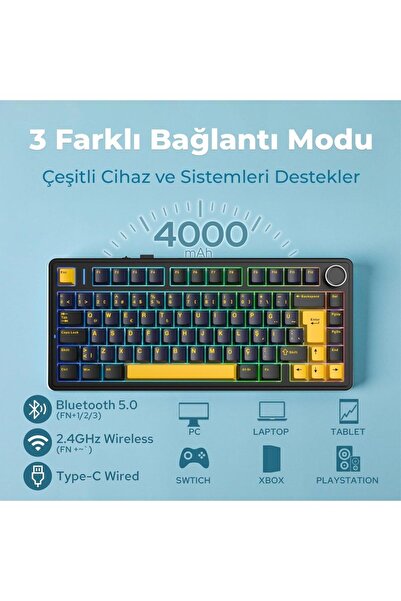 Aula F75 Mekanik Rgb Tkl Graywood V4 Switch Kablosuz Makrolu Hot Swap Türkçe Q Klavye Siyah
