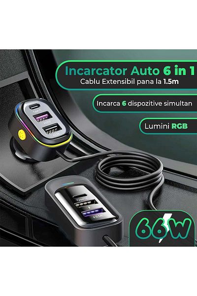Timebox Încărcător auto 66W, încărcare super rapidă, 6 în 1, USB-C, USB, lumini LED, universal, negru