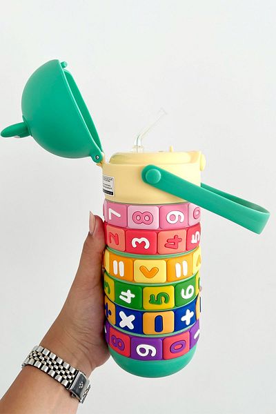 ZUZUNGA Colorful Numbers and Shapes Educational Water Bottle – Steel Water Bottle / Flask for Kids with Carrying Strap