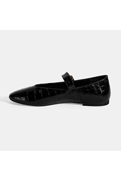 Desa Women's Black Crocodile Printed Mary Jane Leather Ballerinas