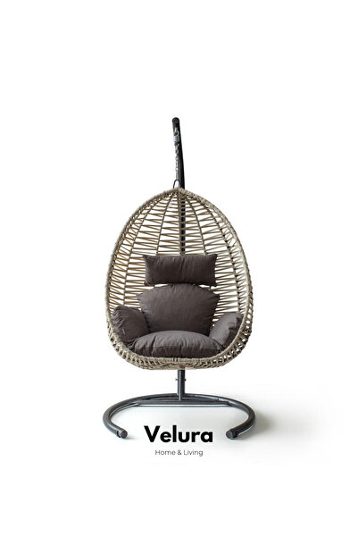 Velura Home & Living Class Bahçe Salıncağı - Krem Rattan Gri Minder