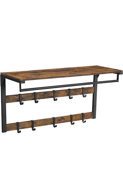 VASAGLE Ράφι τοίχου με ράφι αποθήκευσης, 10 γάντζους, 30x80x42 cm, ρουστίκ καφέ