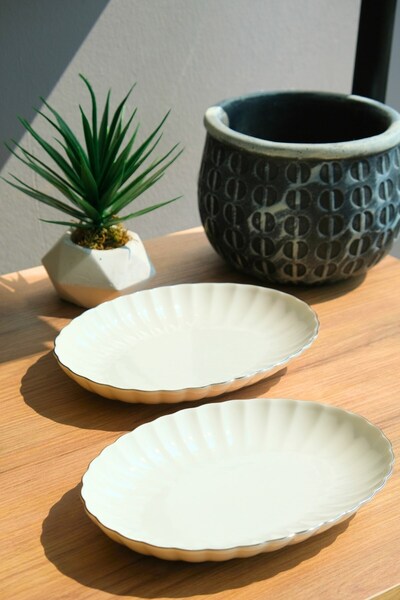 Kütahya Porselen Bone Luz Platinum Mesh Boat Plate 27X19Cm Bnlzf28Ky220 2 Pcs