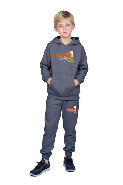 YA KO KİDS Hooded Kangaroo Pocket Start Printed Boy's Tracksuit Set