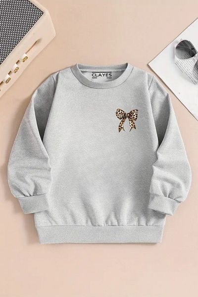 CLAYES Παιδικό γκρι φούτερ με λαιμόκοψη – MINIMAL LEOPARD RIBBON Έντυπο, χοντρό ύφασμα με αναστολή