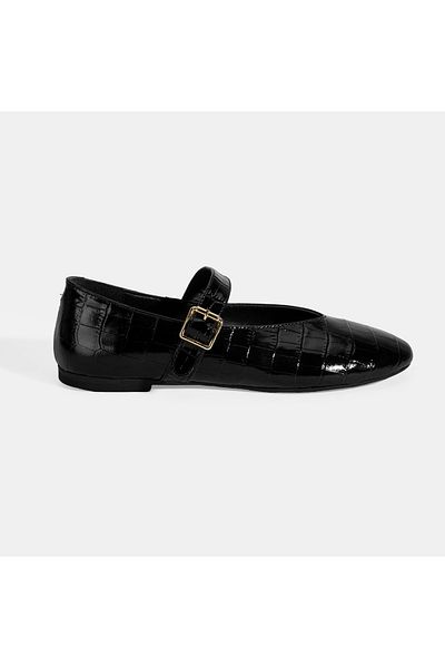 Desa Women's Black Crocodile Printed Mary Jane Leather Ballerinas