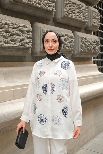 LOCCO Women's Ethnic Sequin Embroidery Embroidered Shirt White