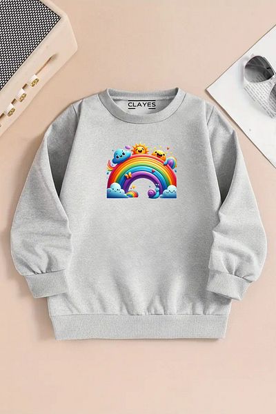 CLAYES Hanorac gri pentru copii cu gâtul turnat – țesătură groasă cu imprimeu RAINBOW