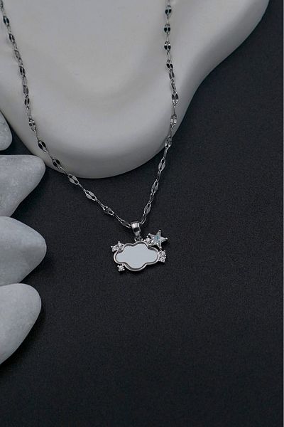 The Collection Silver Stainless Steel Women's Necklace with Cloud and Star Figures Zircon Stone