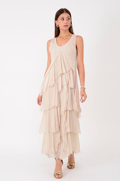 Park Moda 61460 Sequence Detail V-Necklace Layered Silk Dress