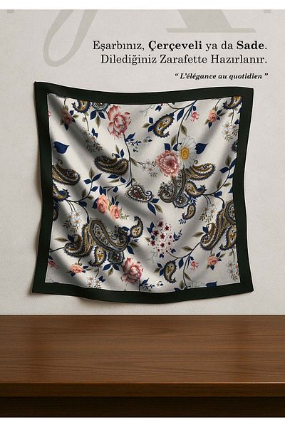 DESENİX Paisley Floral Satin Scarf |   Cream Gray Floor |   90X90 - 100X100Cm |   Luxury Shiny Satin