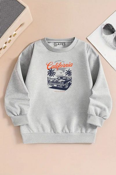 CLAYES Children's Gray Crew Neck Sweatshirt – California Car Printed, Thick Fabric with Hood