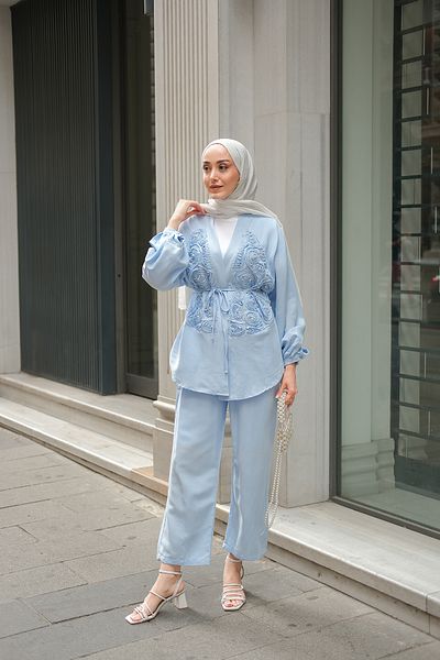 LOCCO Women's Bead Detail Kimono Set Baby Blue