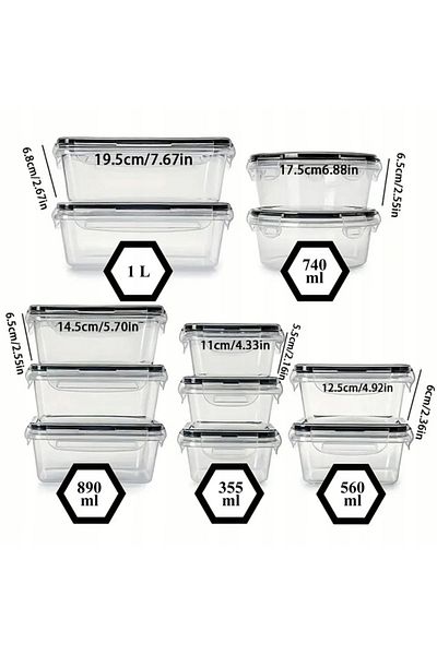 zola Set 12 caserole cu inchidere etansa, capacitate 355/560/740/890/1000 ml, plastic, transparente