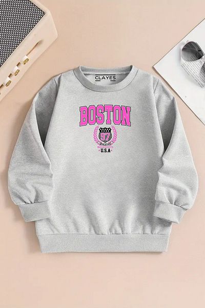 VBSVİBES Children's Gray Crew Neck Sweatshirt – Boston Usa Printed, Thick Fabric with Embossed