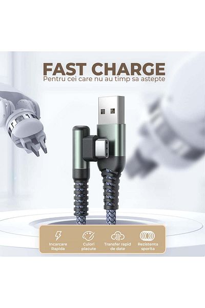 Timebox Cablu de date și încărcare rapidă, 2 m, QC 3.0, USB la Tip-C, unghi de 90°, nailon, negru