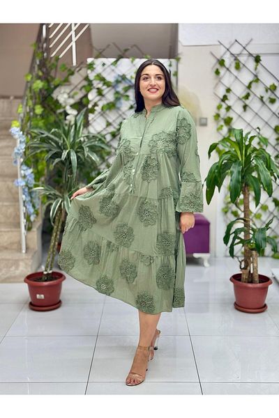 Punta Otantik Pt54830 Front Button Brodeed Judge Collar Coton Italian Dress Khaki