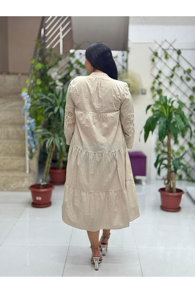 Punta Otantik Pt54830 Front Buttoned Brodeed Judge Collar Coton Italian Dress Cream
