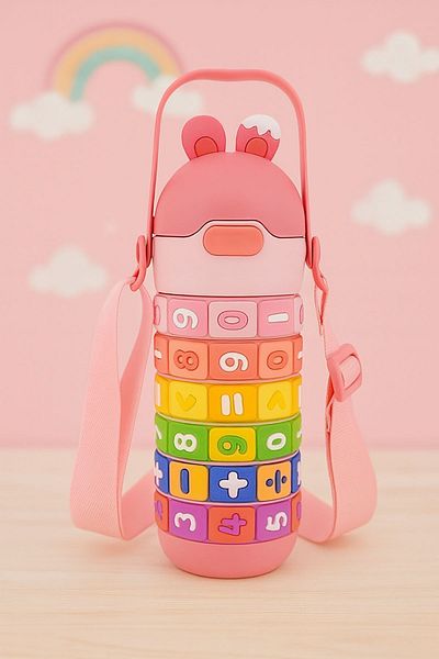 ZUZUNGA Colorful Numbers and Shapes Educational Water Bottle – Steel Water Bottle / Flask for Kids with Carrying Strap
