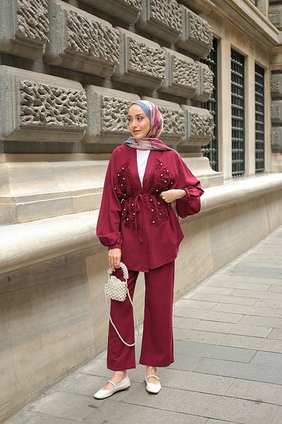 LOCCO Women's Bead Detail Kimono Suit Burgundy