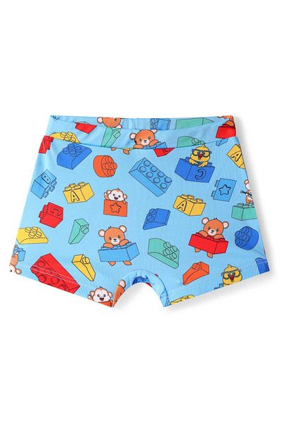 Babyhug Water Repellent Swimming Trunk with Lego Block & Bear Print - Light Blue