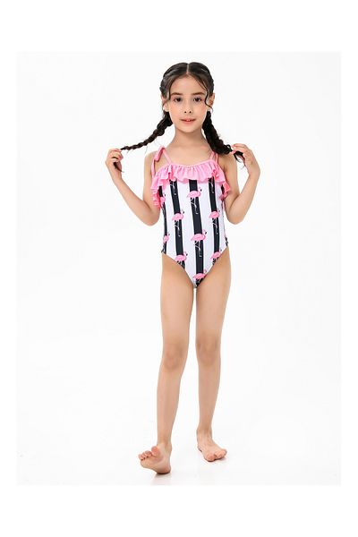 SAPS Flamingo & Striped Quick Drying Singlet Neck Sleeveless Frilled V Cut Swimsuit-Black/Pink/White