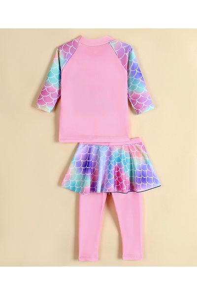 SAPS Mermaid & Scales Print Quick Drying Full Sleeves Two Piece Swimsuit - Pink