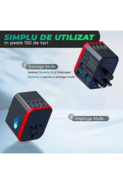 Timebox Universal travel charger adapter, 4 x USB, 1 x Type-C for US, UK, EU, Australia, Asia, Red