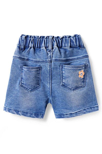 Babyhug Denim Knit Mid Thigh Washed Shorts with Stretch & Floral Embroidery - Blue