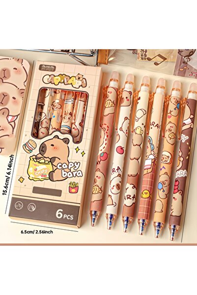 Choice أقلام جل برتقالية قابلة للمسح بتصميم كابيبارا لطيف، ٦ قطع | حبر أزرق ق...