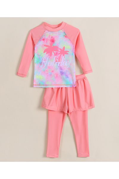 SAPS Holiday Theme Print Tie Dye Full Raglan Sleeves Quick Drying Two Piece Swimsuit - Pink