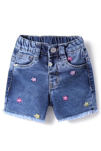Babyhug Mid Thigh Washed Denim Shorts With Stretch & Floral Embroidery - Blue