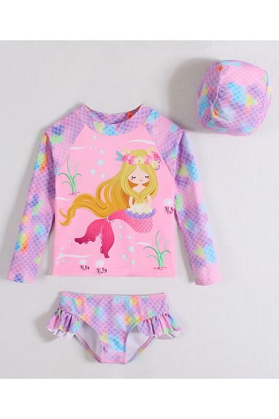 SAPS Mermaid Print Full Sleeves Two Piece Swimsuit - Pink & Purple