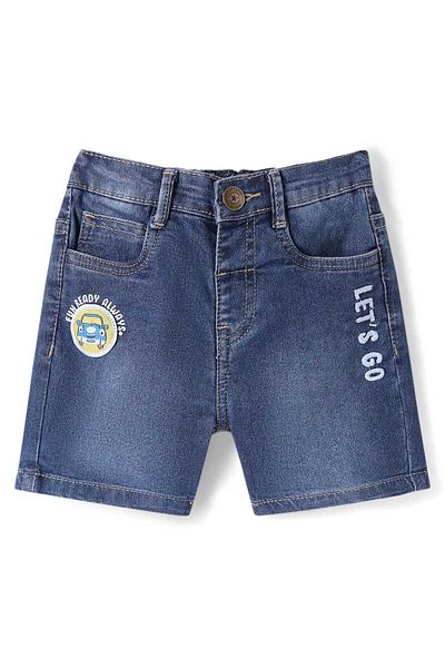 Babyhug Denim Mid Thigh Washed Shorts With Stretch and Vehicle Patch & Lets Go Embroidery - Blue