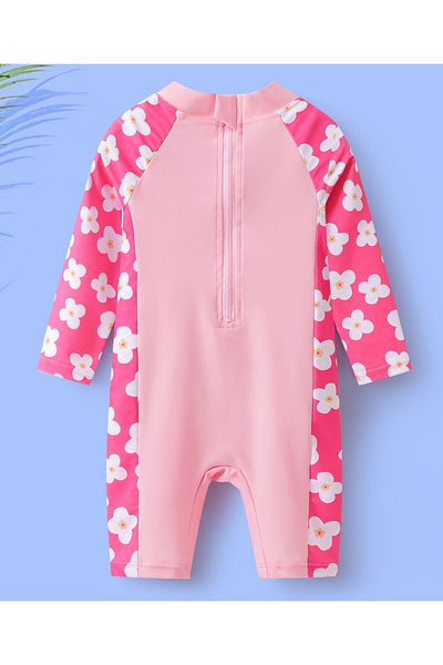 SAPS Floral Print Quick Drying Full Sleeves Legged Swimsuit with Swimming Cap - Pink