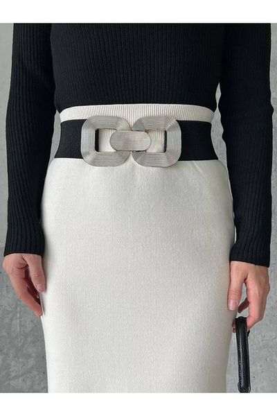 FioriModa Square Gold Buckle Snap Elastic Belt for Women, Coat Belt, Shirt Belt, Dress Belt