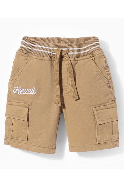 Babyhug Twill Woven Above Knee Length Text Printed Bermuda With Side Pockets & Stretch - Khaki