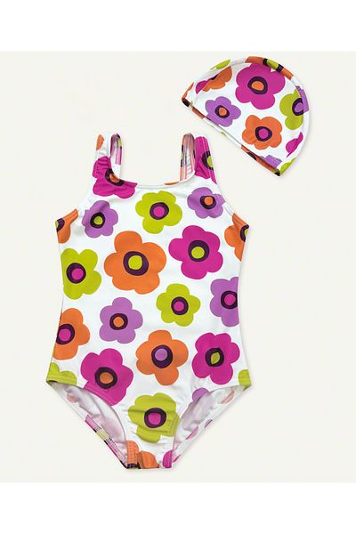 SAPS All Over Floral Printed Sleeveless V Cut Swimsuit with Cap - Multicolor
