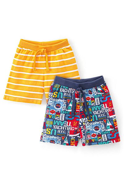 Babyhug Cotton Knit Shorts with Striped and Text Print Pack of 2 - Multicolour