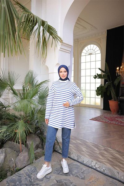 Bwest O Neck Horizontal Striped Long Sleeve Short Slit Tunic - (38-46) - 71295 - Saks