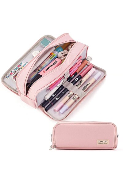 Choice حقيبة أقلام رصاص كبيرة الحجم باللون الوردي، مكونة من 3 أقسام، مصنوعة م...