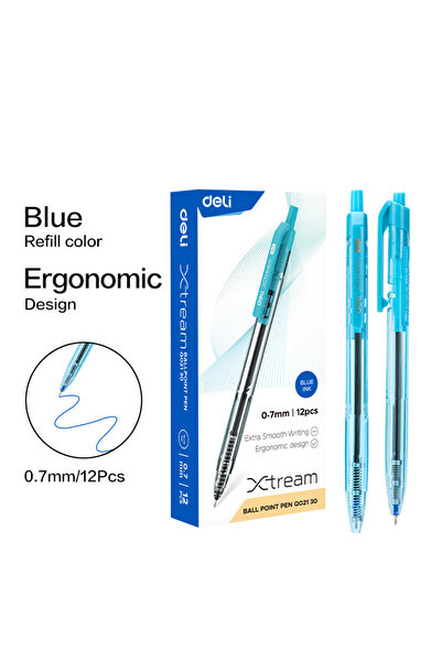 Deli قلم حبر جاف أزرق 1 علبة 0.7 مم أقلام حبر جاف مكتبية 12 قطعة/علبة كتابة ن...