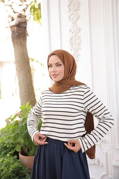 Bwest O Neck Horizontal Stripes Long Sleeve Short Slit Short Tunic - (38-46) - 71296 - Brown