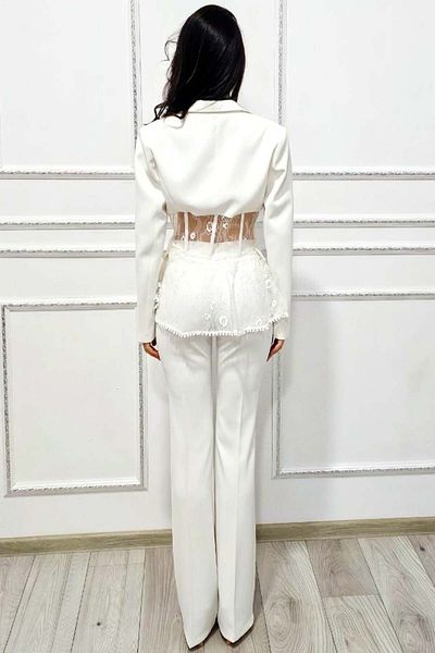 FashionForYou Inspired Wedding occasion suit, lace jacket with satin lapels and flared pants, White, M