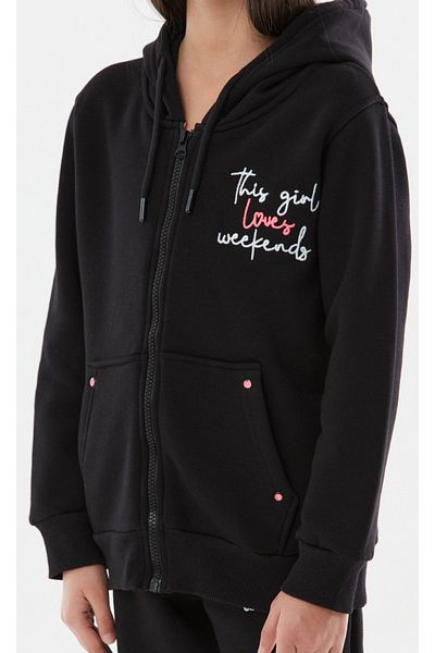 İrem Çocuk Giyim Girl's This Girl Written Zippered Three Thread Hooded Tracksuit Set