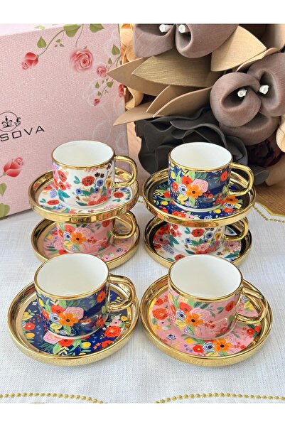 MD MİMOZA DEKOR Kosova Türk Kahve Fincanı Flowers 6 Kişilik 12 Parça
